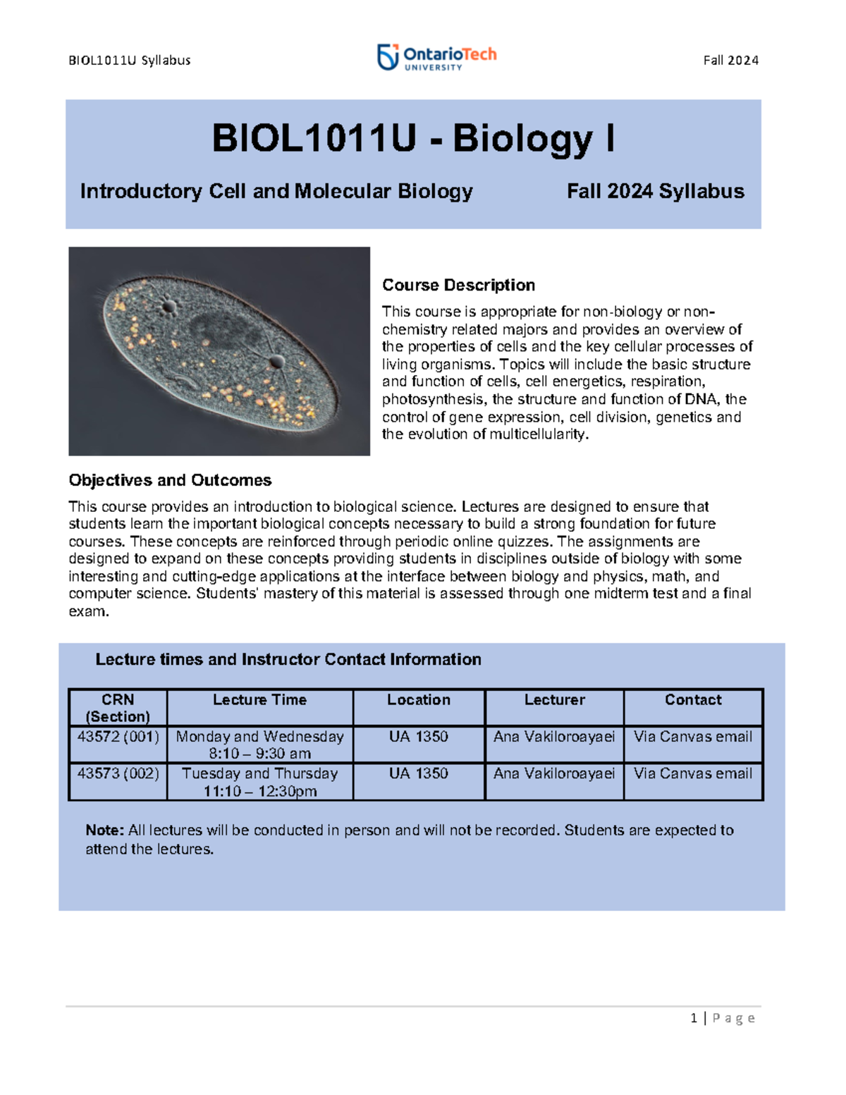 BIOL1011 syllabus F2024 Final - BIOL101 1 U - Biology I Introductory ...
