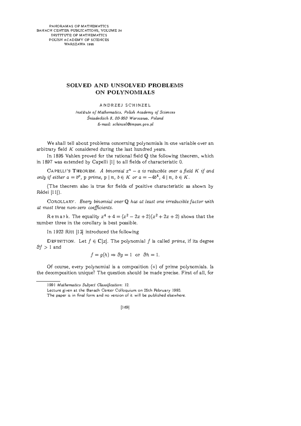 Solved and unsolved problems οn pol - PANORAMAS OF MATHEMATICS BANACH ...