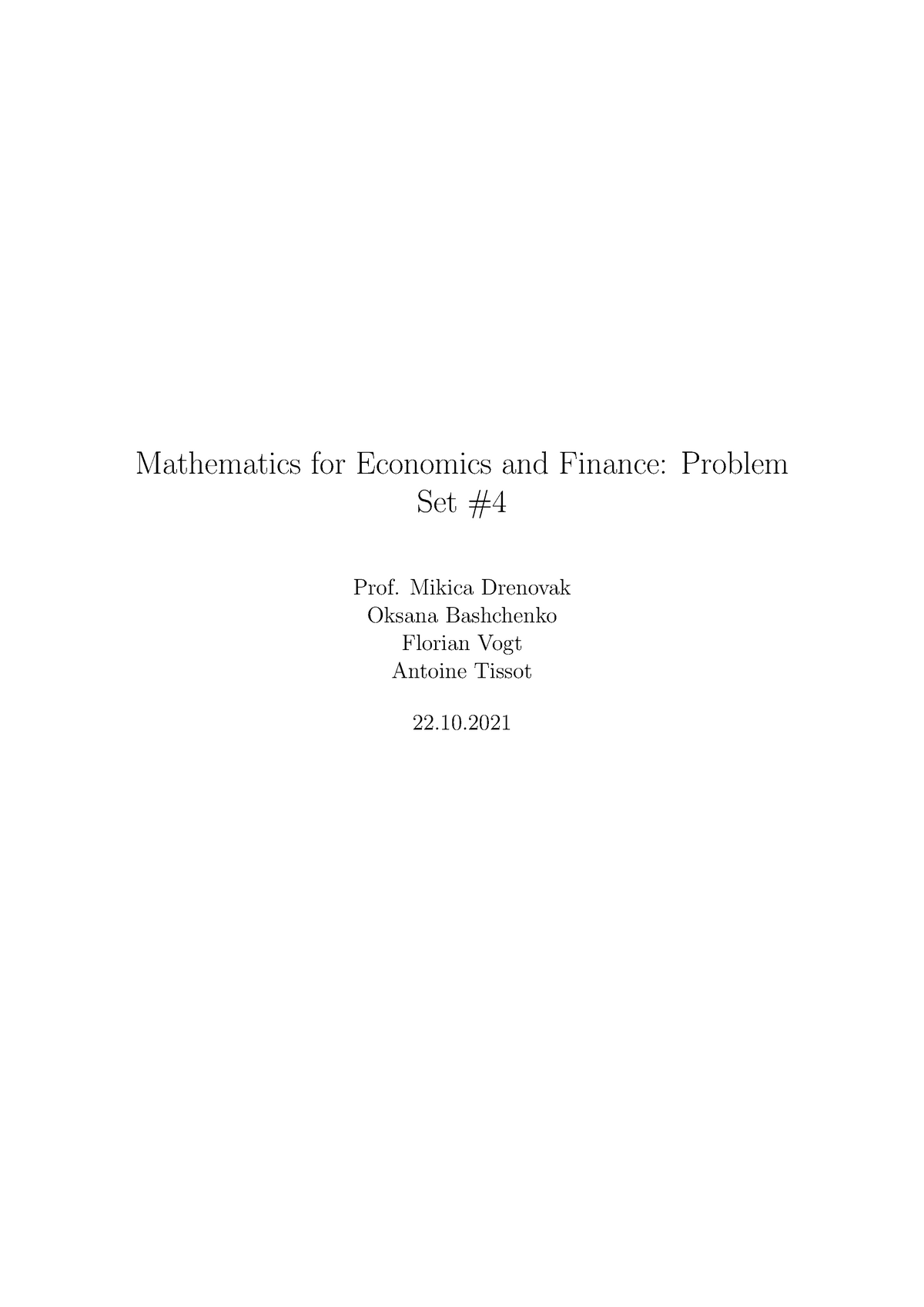 Problem Set 4 Mathematics For Economics And Finance UNIL Studocu