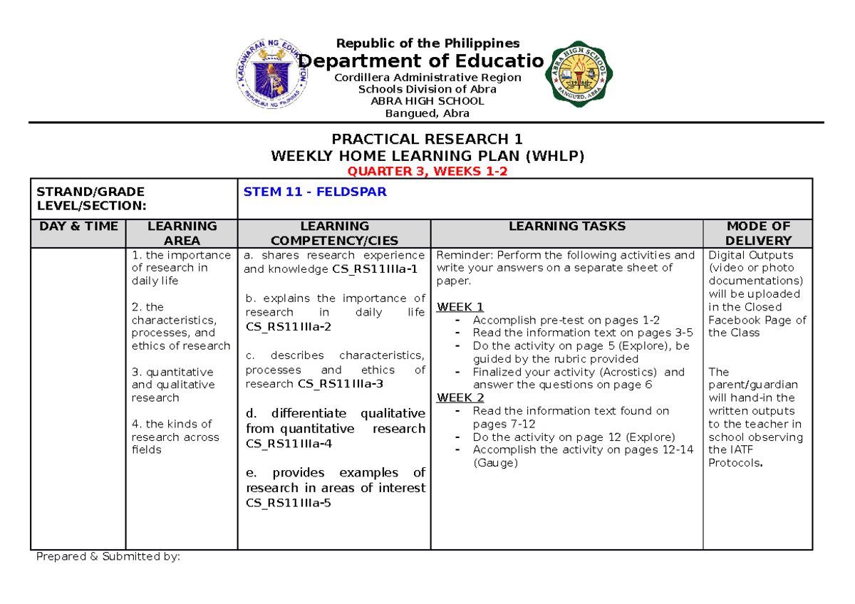 Practical Research 1 WHLP WEEK 1 2 stem - Republic of the Philippines ...