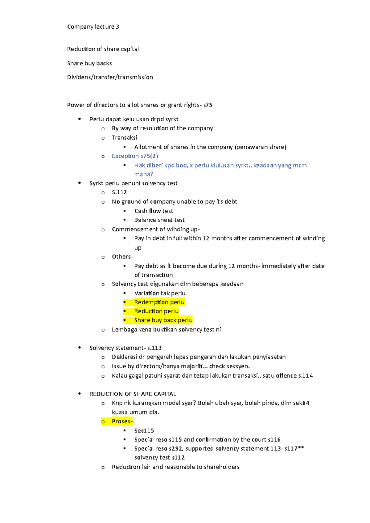 Company lecture week 3 reduction - Reduction of share capital Share buy ...