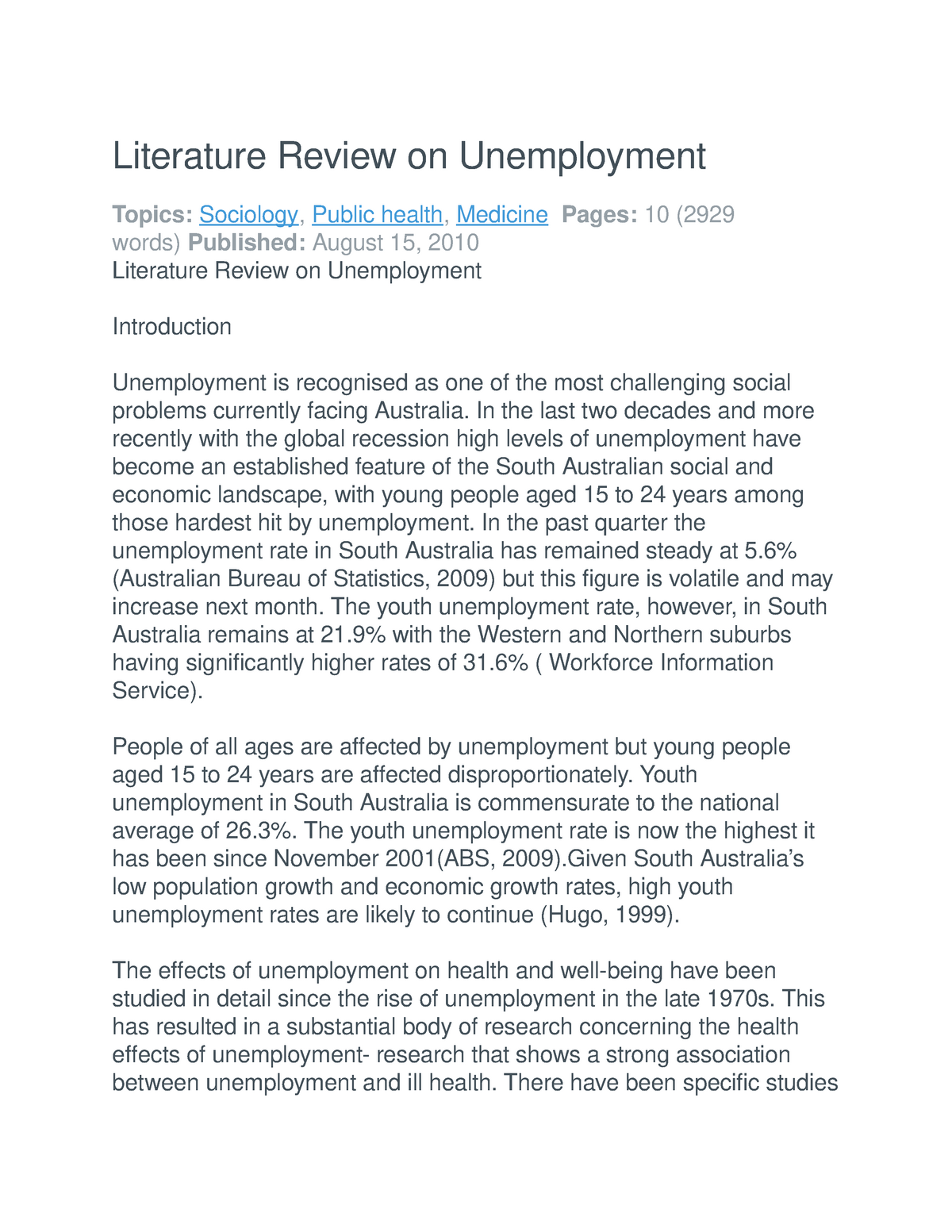 literature review unemployment