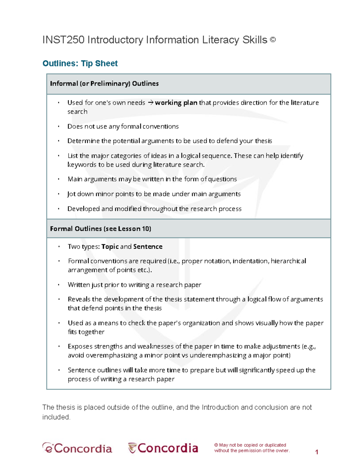 Informat outline tip sheet - 1 © May not be copied or duplicated ...