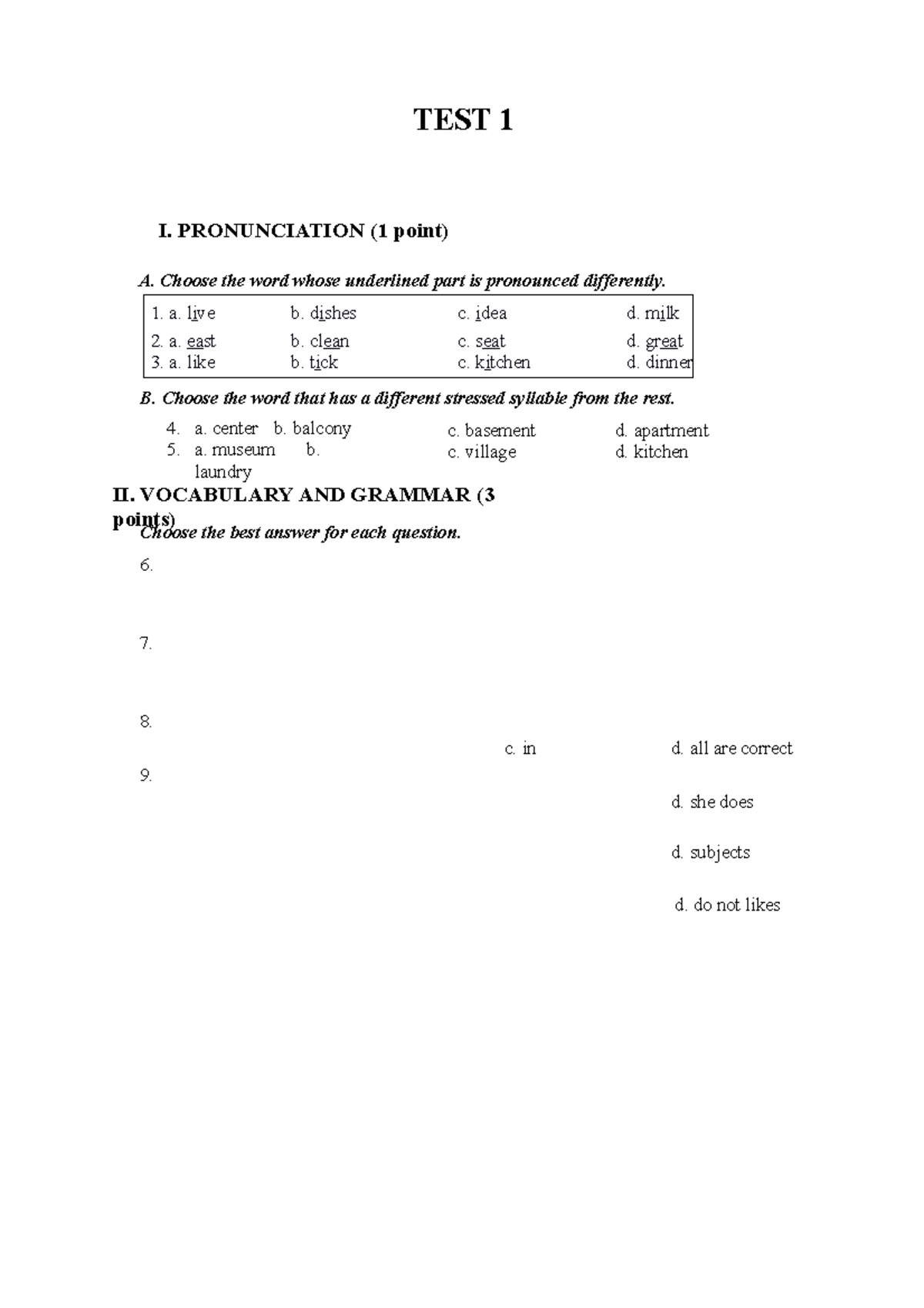 Tie╠é╠üng Anh 6 Smart World - Unit 1 Test - Answer Key - TEST 1 A ...
