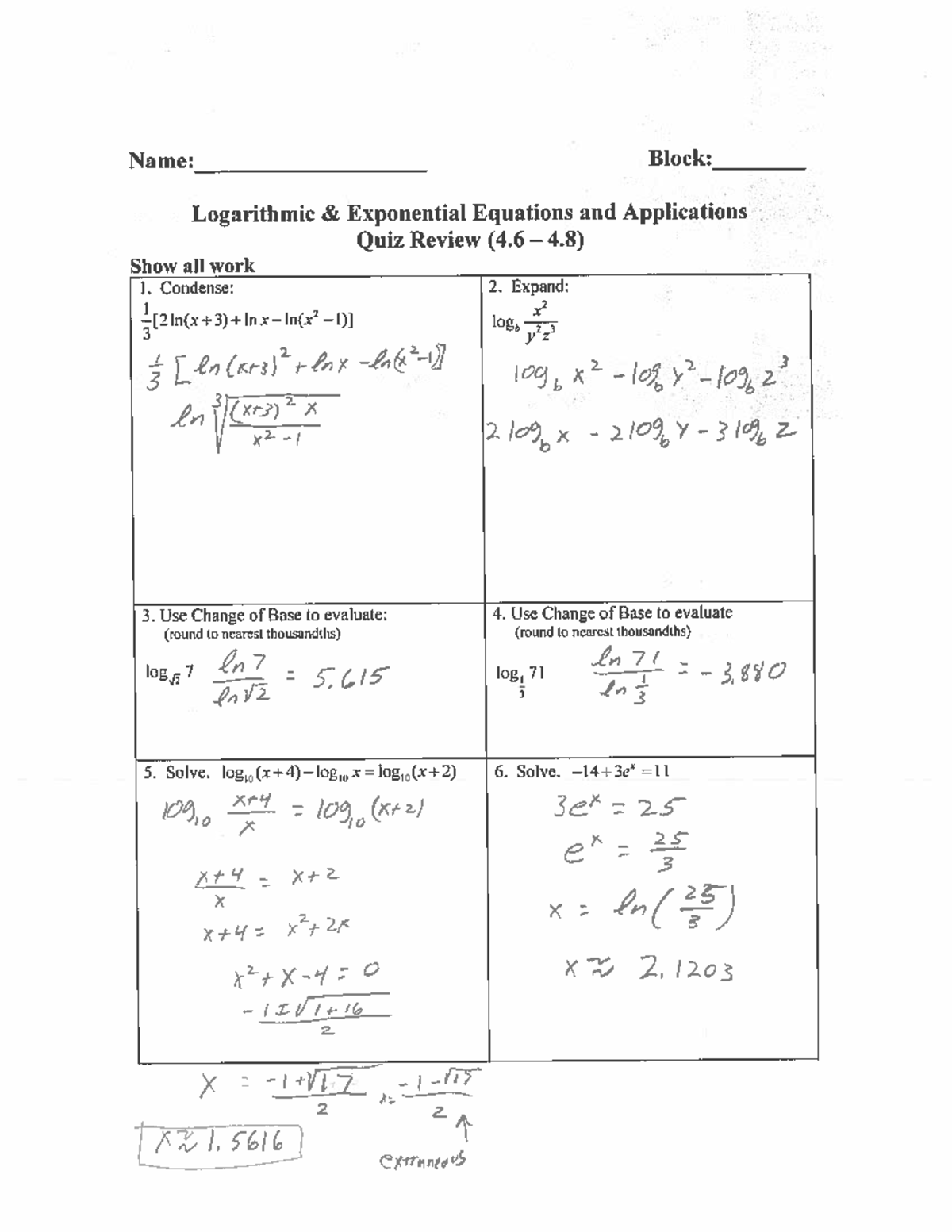 2017 quizreviewkey (SHS Students) - Name: Block: Logarithmic ...