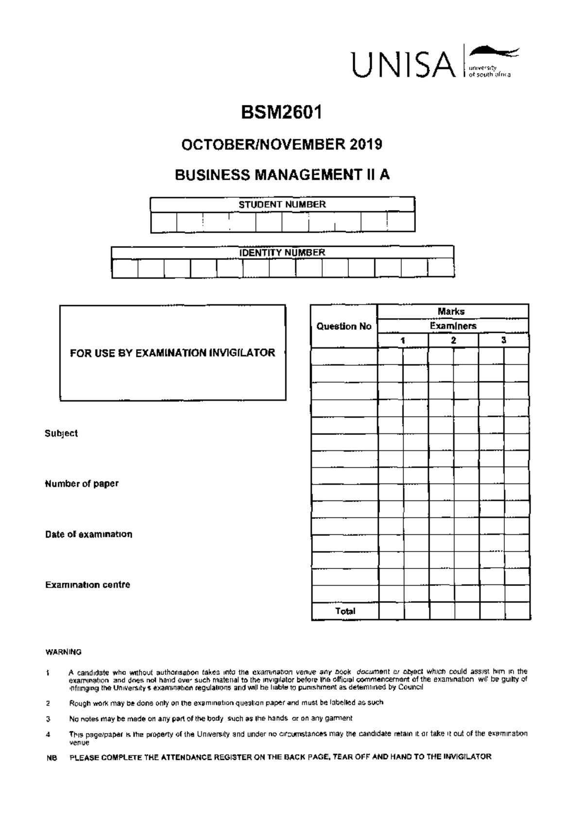 BSM2601 2019 10 E 1 - Past Examination Question Paper Business ...