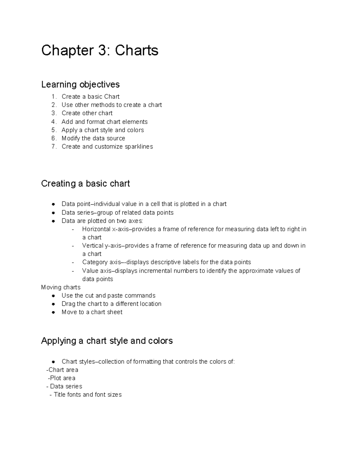 Untitled document notes Chapter 3 Charts Learning objectives 1
