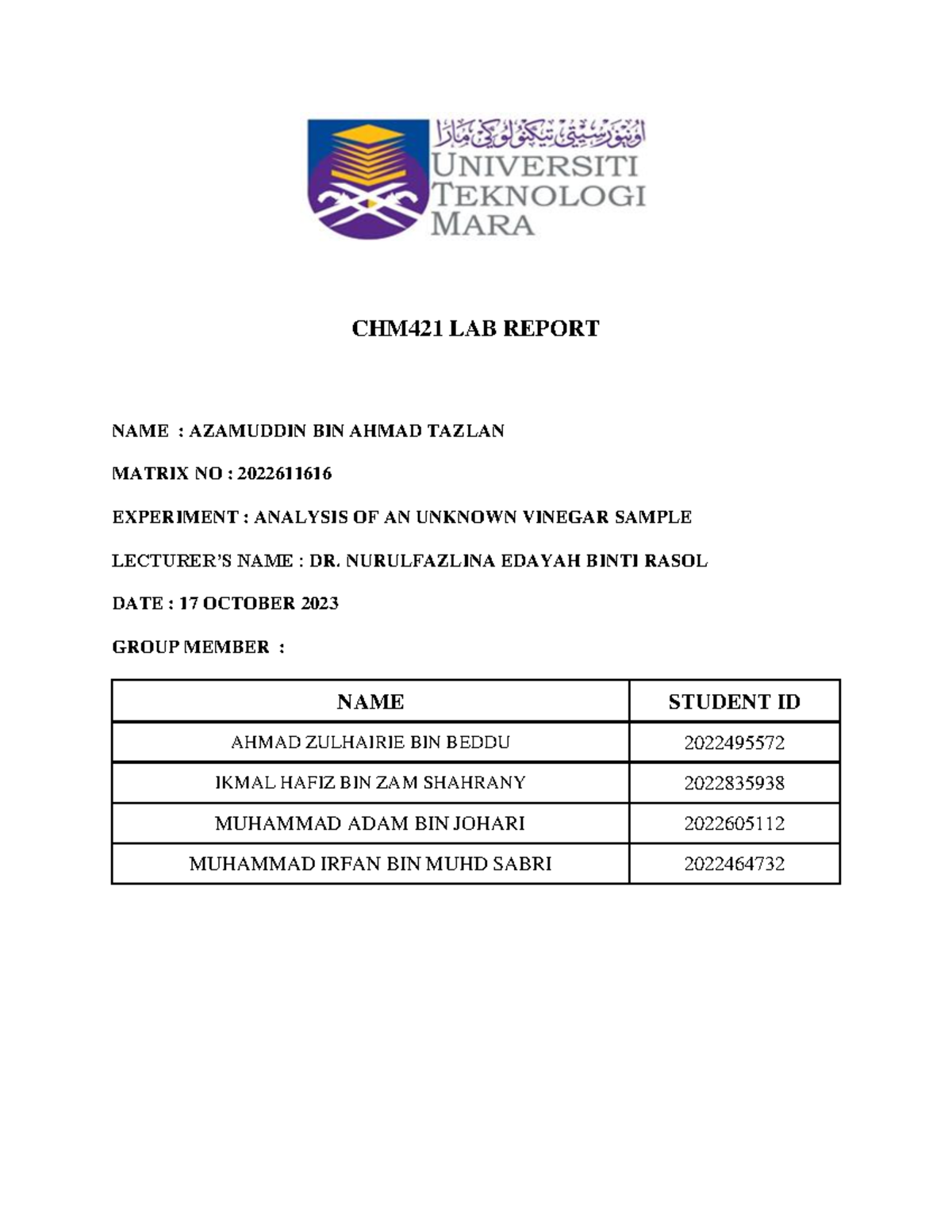 CHM421 LAB Report 2 - Don't Fully Copy , Use As References Only - CHM4 ...