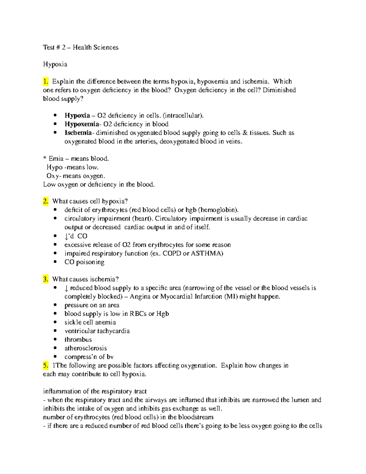 Health Science 2- TEST#2 Review - Test # 2 – Health Sciences Hypoxia ...