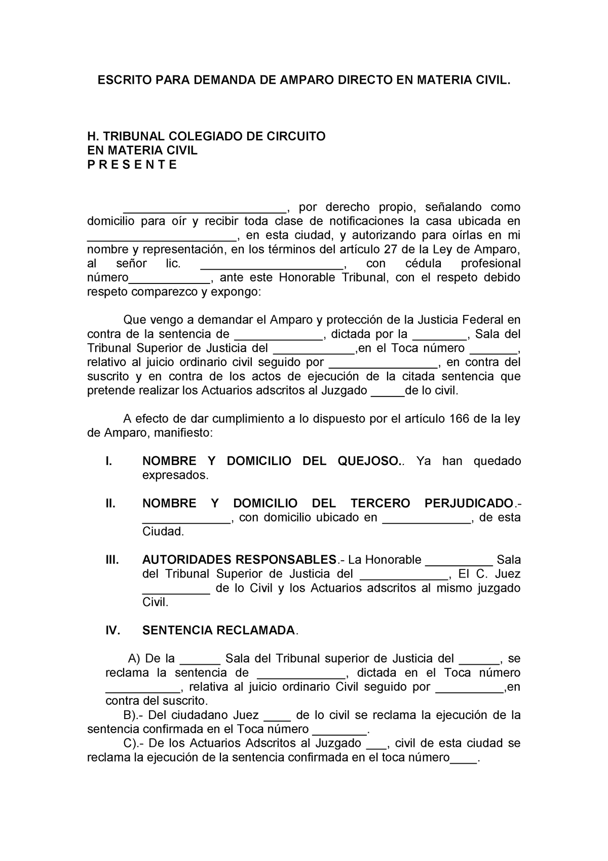 Amparo directo materia civil - ESCRITO PARA DEMANDA DE AMPARO DIRECTO EN MATERIA  CIVIL. H. TRIBUNAL - Studocu