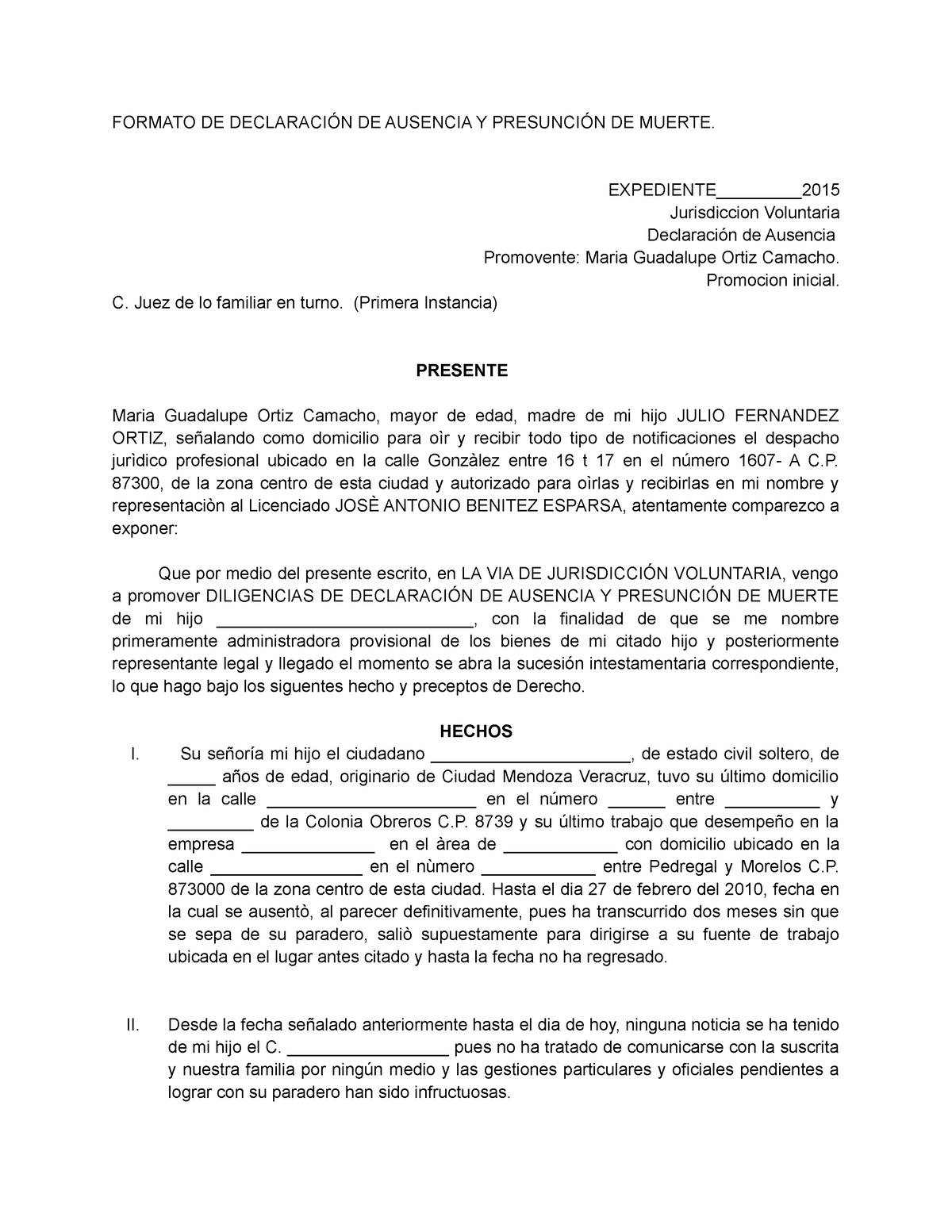 Modelo De Solicitud De Declaracion De Ausencia Docx E 2372