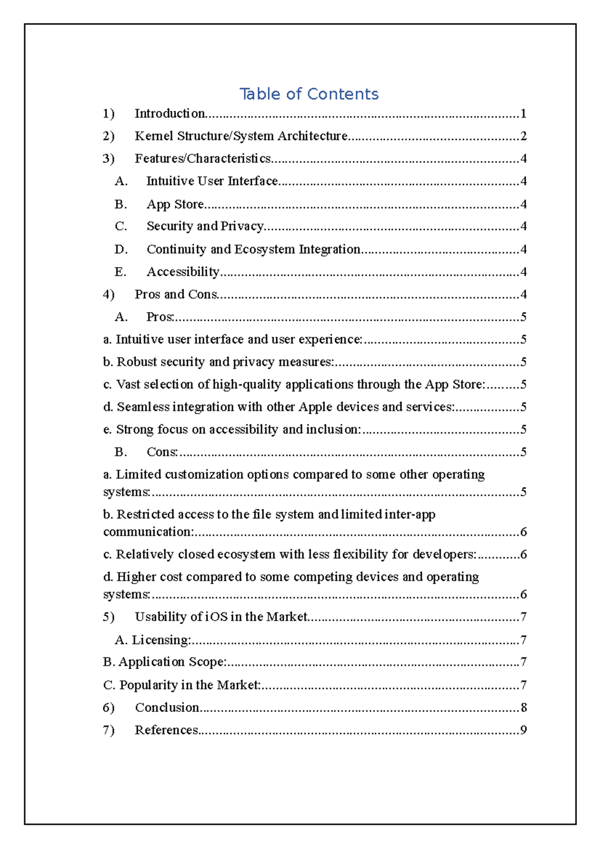 table of contents in case study