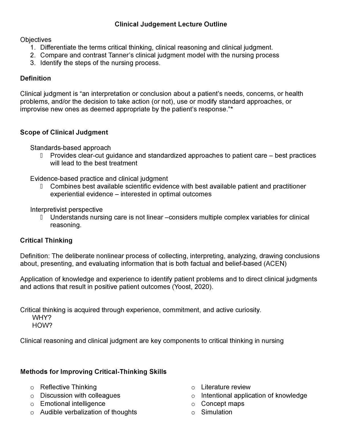 Clinical Judgement Lesson Notes - Clinical Judgement Lecture Outline ...