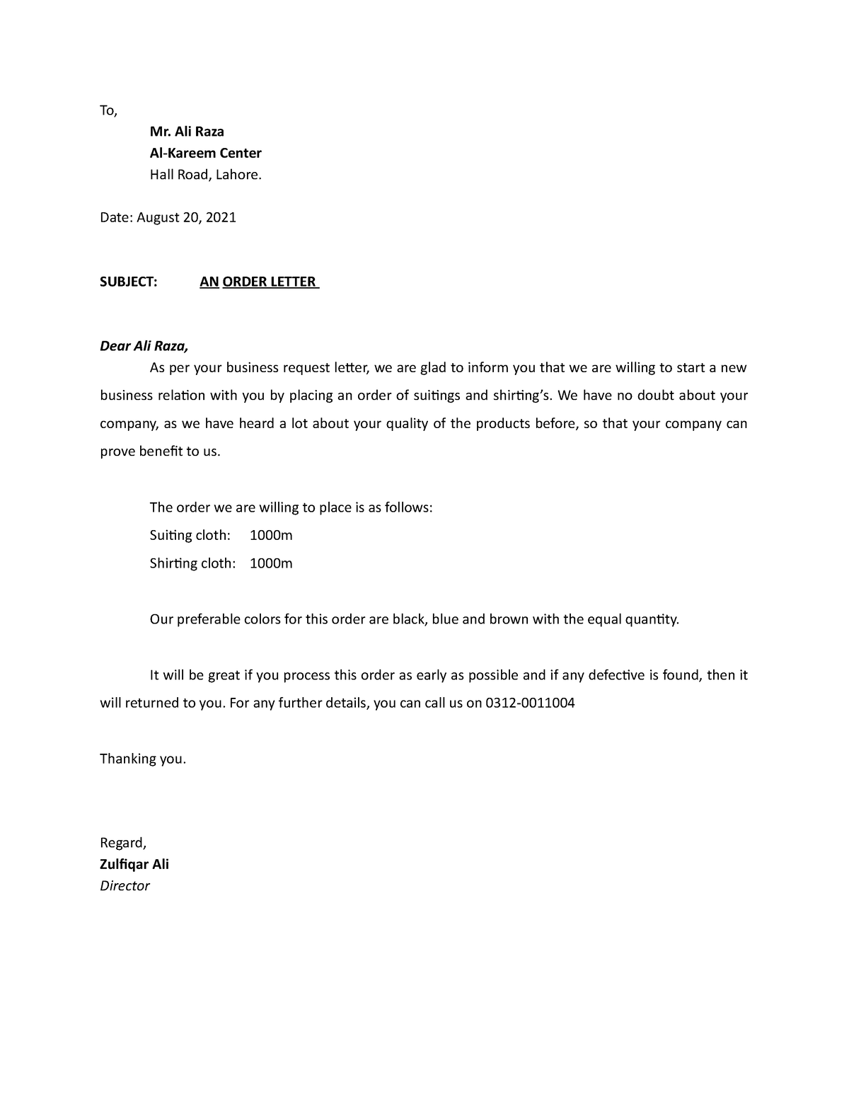 03-order letter completely - To, Mr. Ali Raza Al-Kareem Center Hall ...