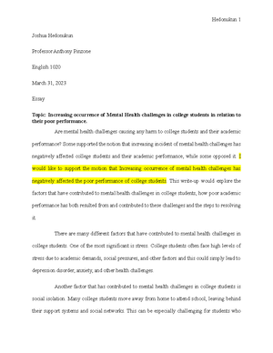 Argumentative essay 2 proposal - Joshua Hedonukun Professor Anthony ...