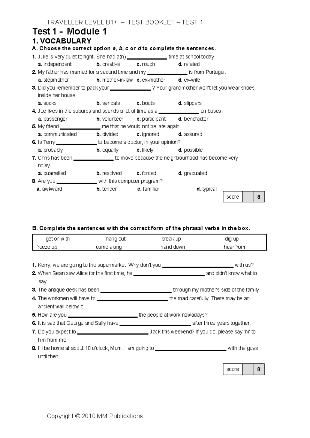 Test-1 Traveller-B1 - KKKKKKKKKKKK - Test 1 - Module 1 1. VOCABULARY A ...