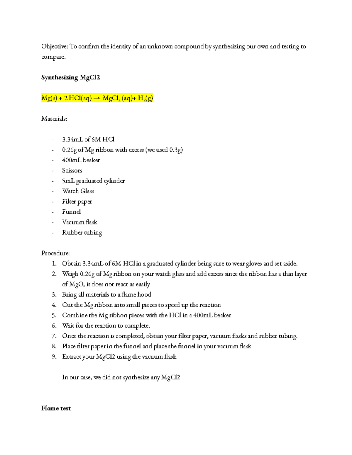 UWC Day 3 NP Unknown White Compound day 3 Notebook Pages Lab Archives Objective To conrm