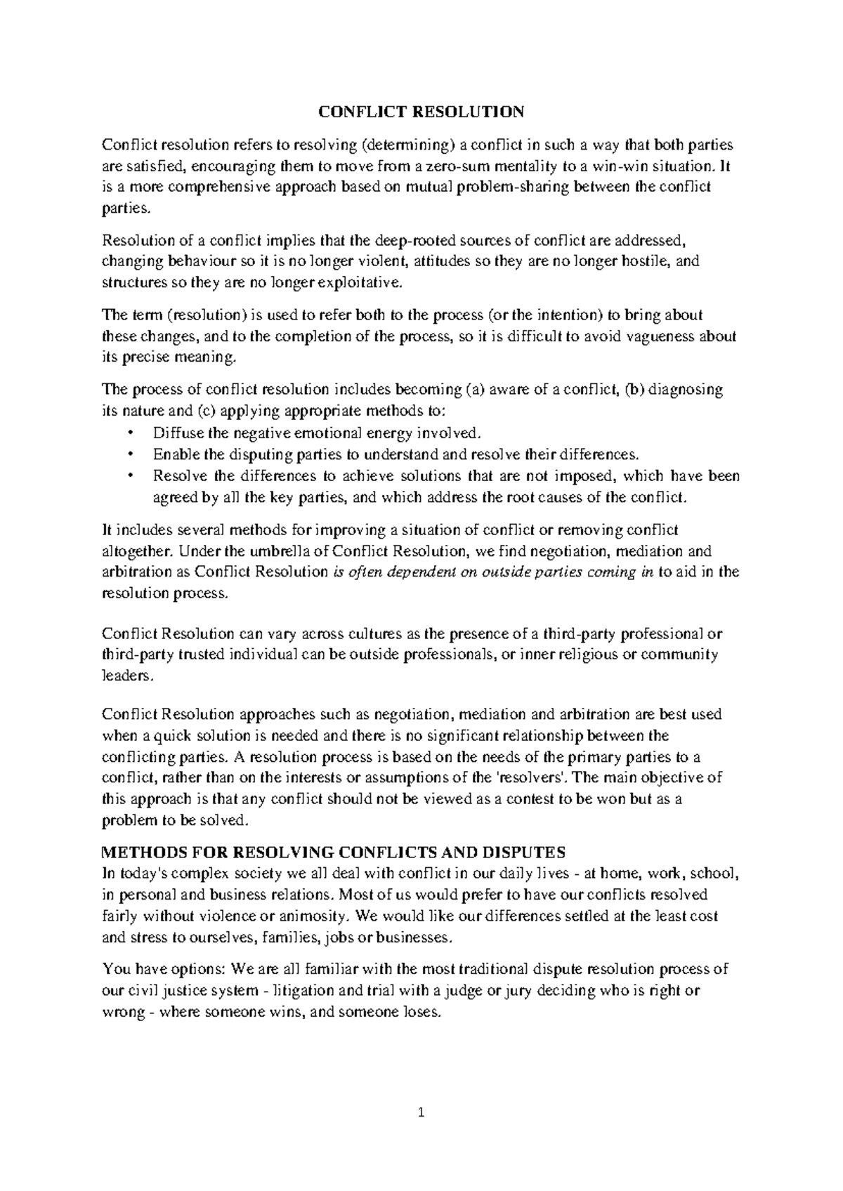 Conflict Resolution - CONFLICT RESOLUTION Conflict resolution refers to ...
