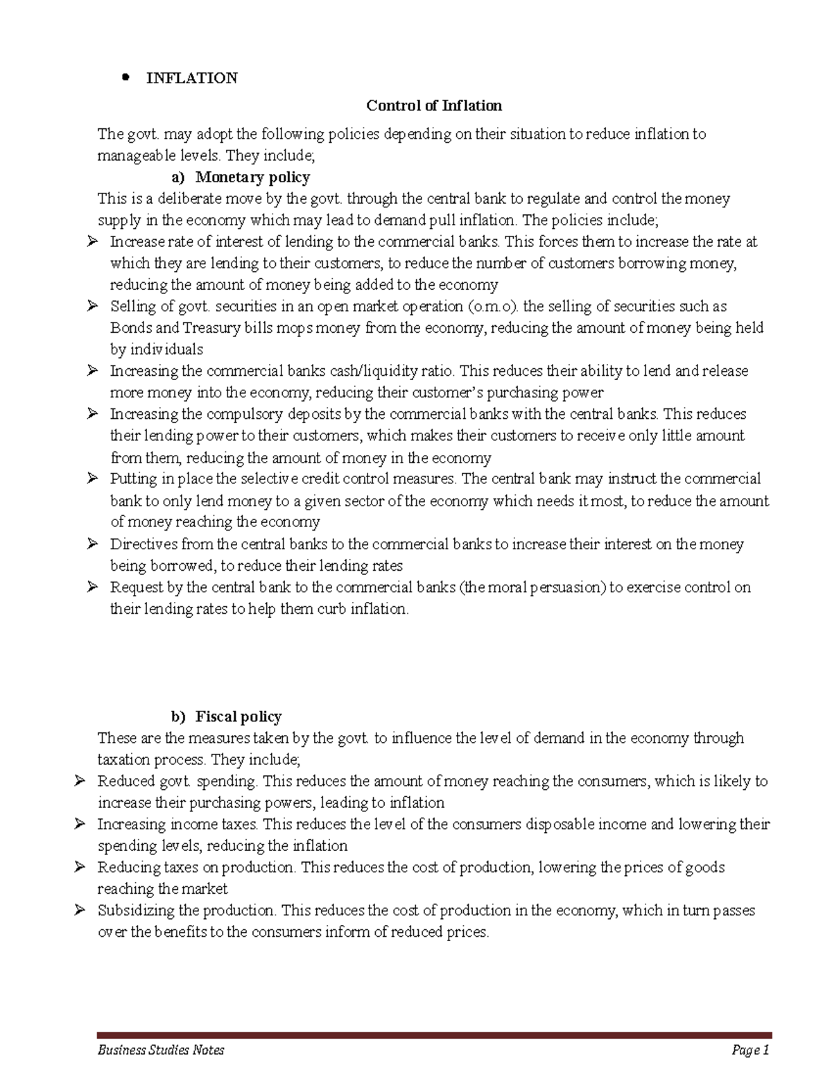 Inflation NOTES INFLATION Control of Inflation The govt. may adopt