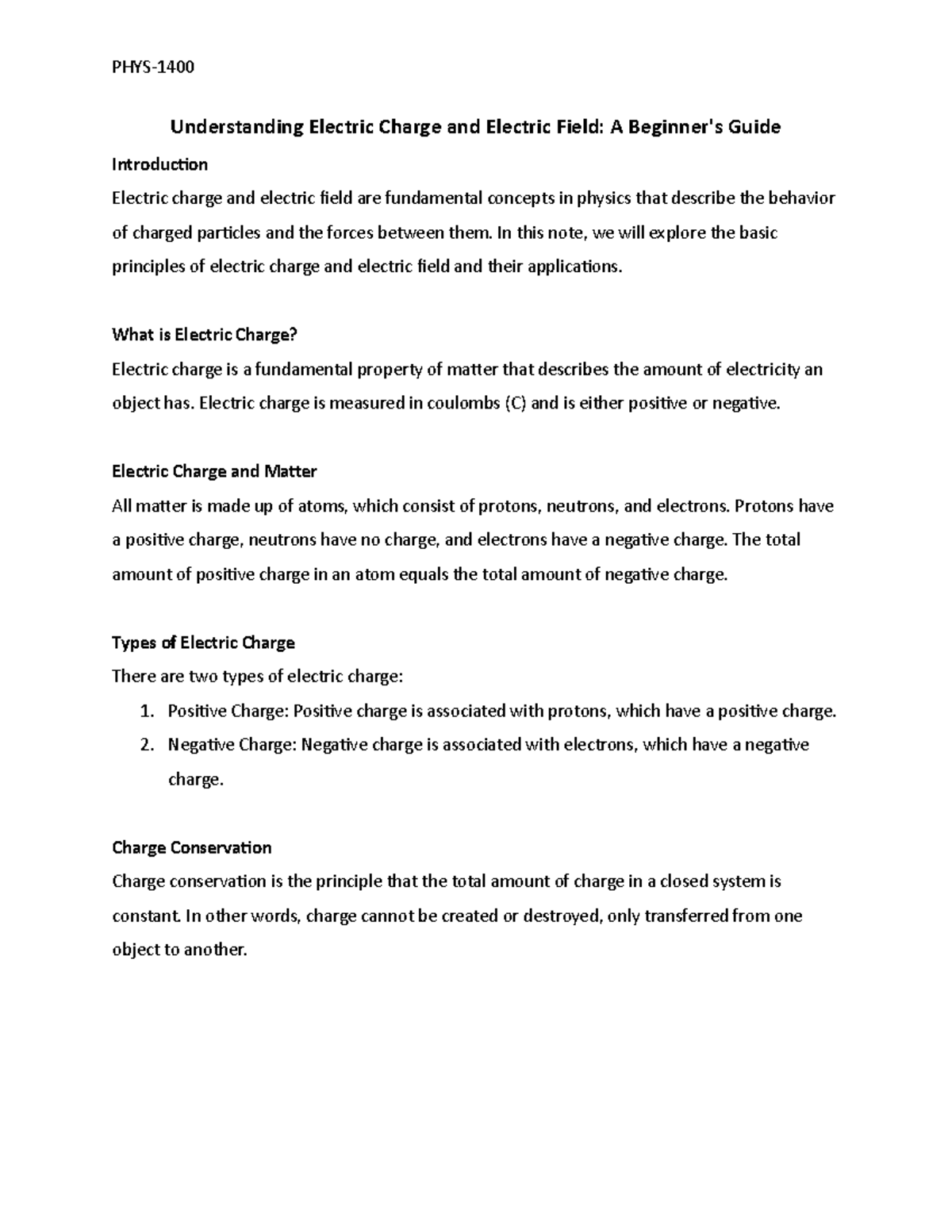 Electric Charge and Electric Field - In this note, we will explore the ...