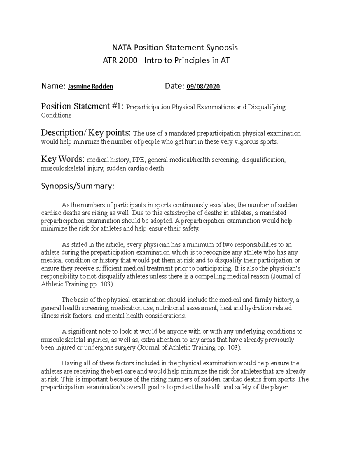 Position Statement 1 Summarizing an article given NATA Position