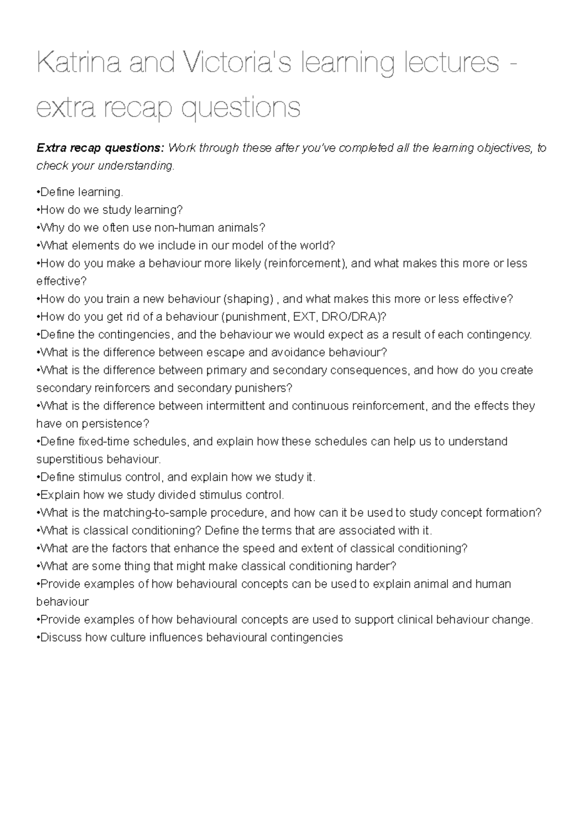 Extra Learning recap Qs - Mind, Brain and Behaviour - AucklandUni - Studocu