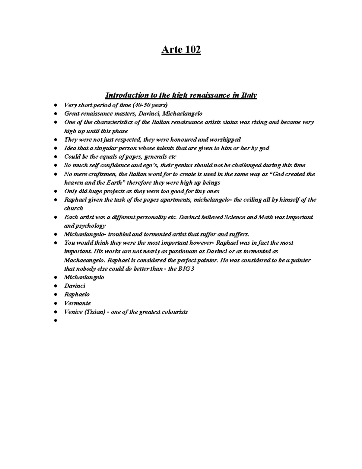 Arte 102 Notes - Arte 102 Introduction to the high renaissance in Italy ...
