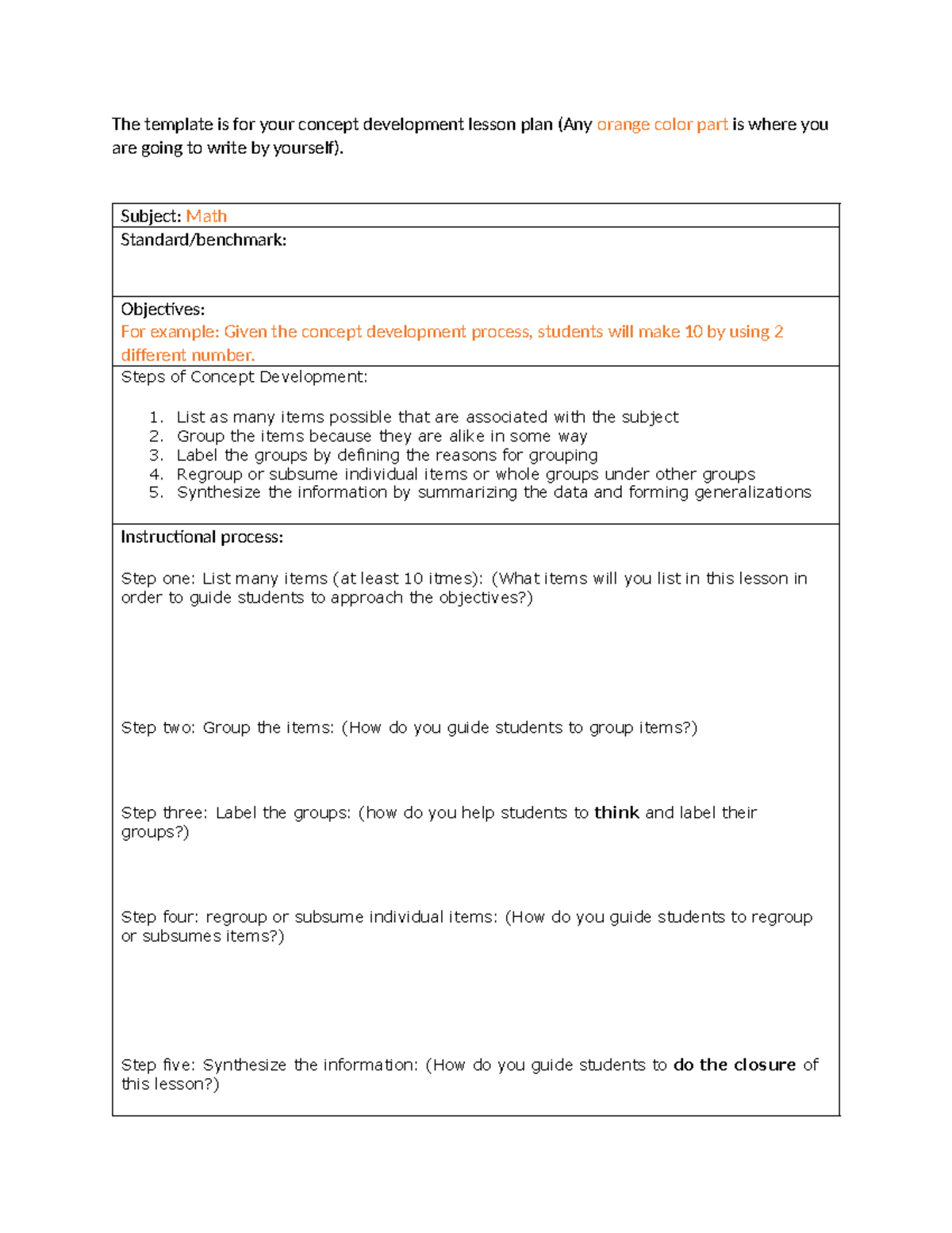 Concept Development Lesson Plan Template - The template is for your ...