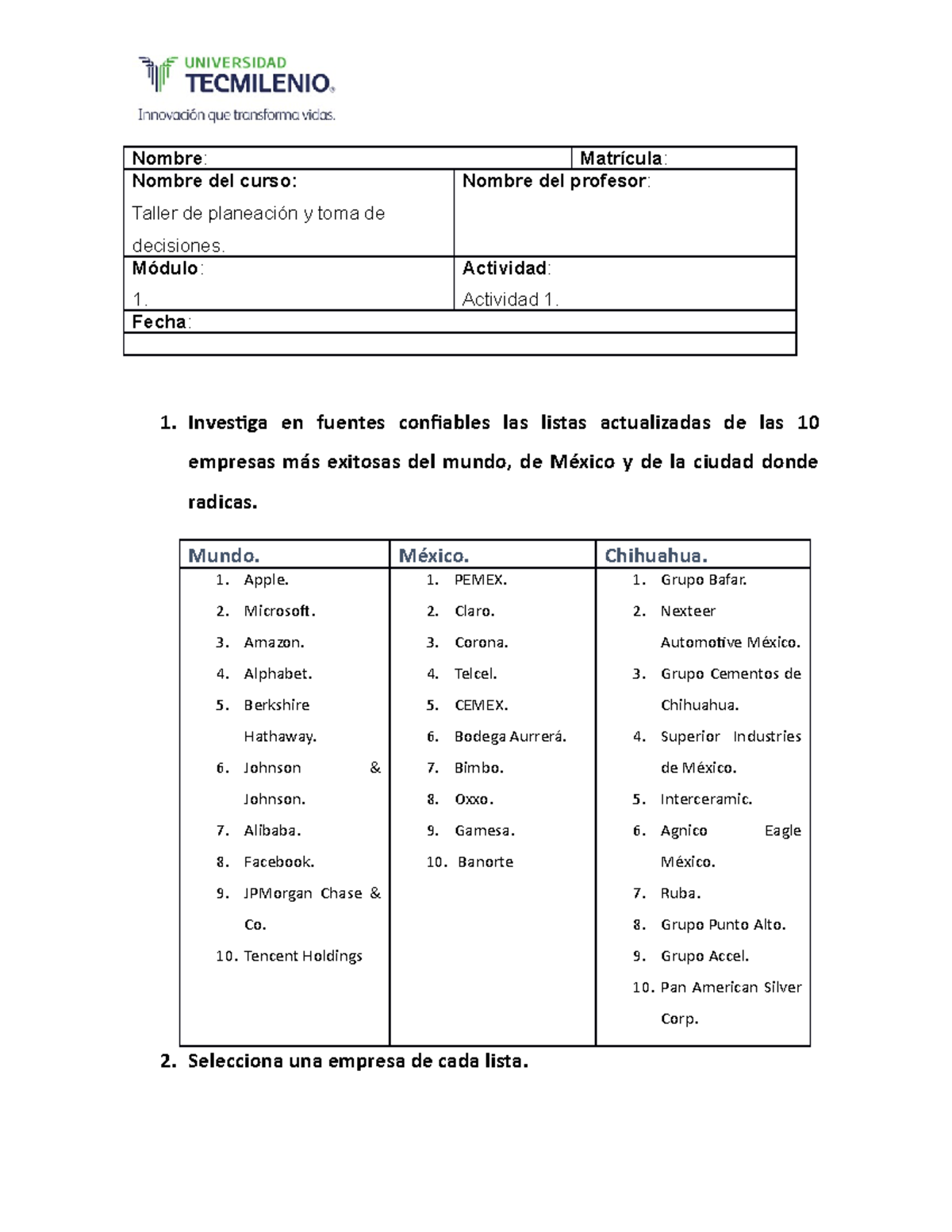 Actividad 1 T d planeacion y toma de decisiones - Nombre: Matrícula ...