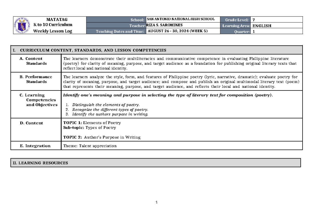DLL Matatag English 7 Q1 W5 - MATATAG K to 10 Curriculum Weekly Lesson ...
