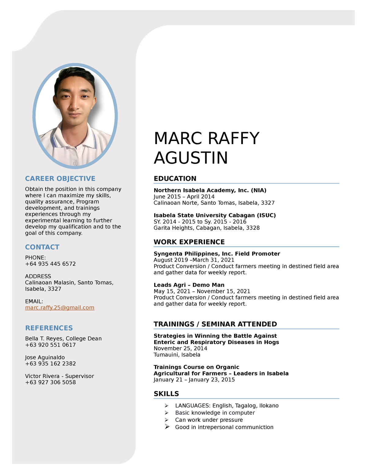 Resume. Marc Raffy Agustin - MARC RAFFY AGUSTIN CAREER OBJECTIVE Obtain ...