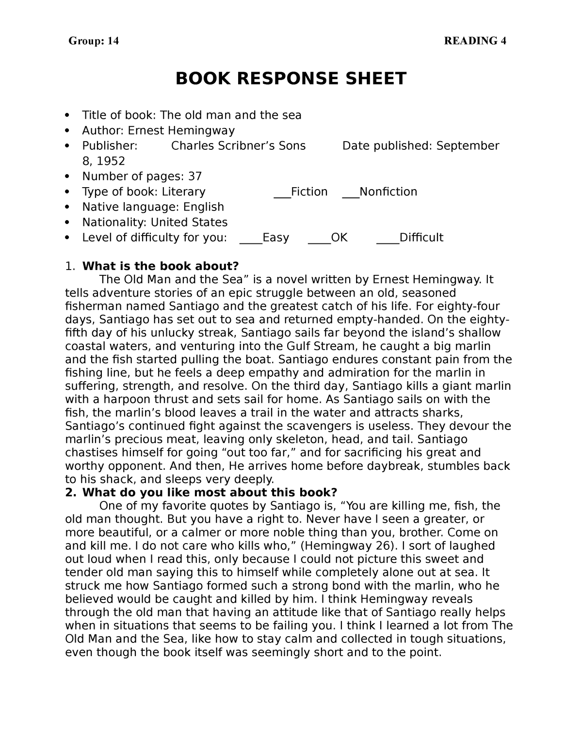 Book Response Sheet - Reading Materials - Group: 14 Reading 4 Book 