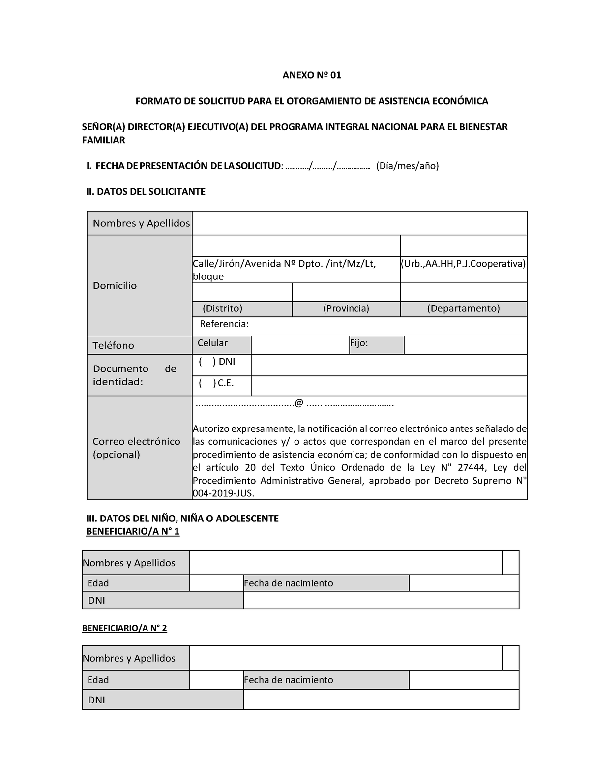 Formato I DE Solicitud Subsidio - ANEXO Nº 01 FORMATO DE SOLICITUD PARA ...