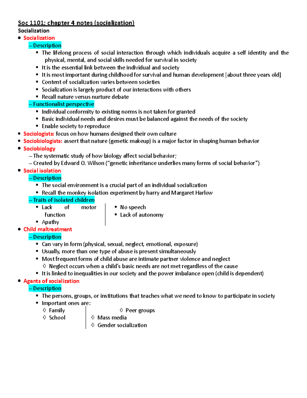 SOC 1101; Chapter 4 Notes (Socialization) - Soc 1101; Chapter 4 Notes ...