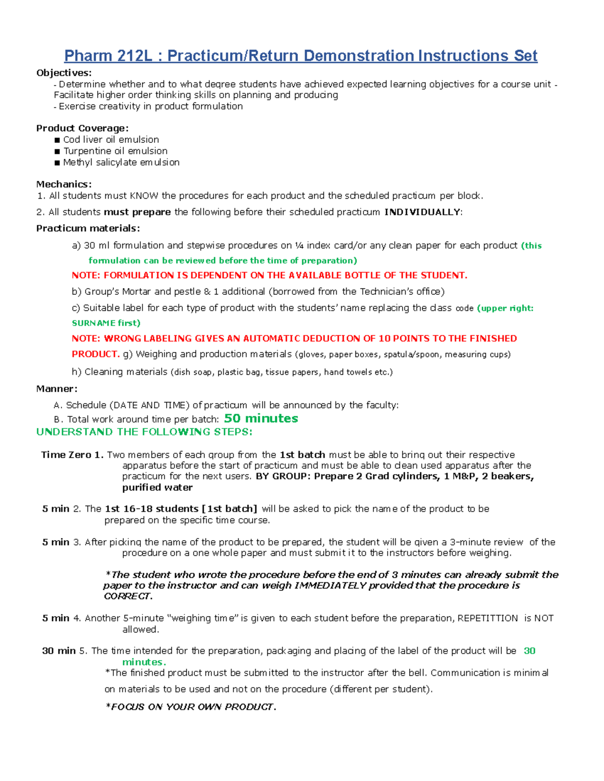 Pharm 212L Practicum Mechanics 2022 - Pharm 212L : Practicum/Return ...