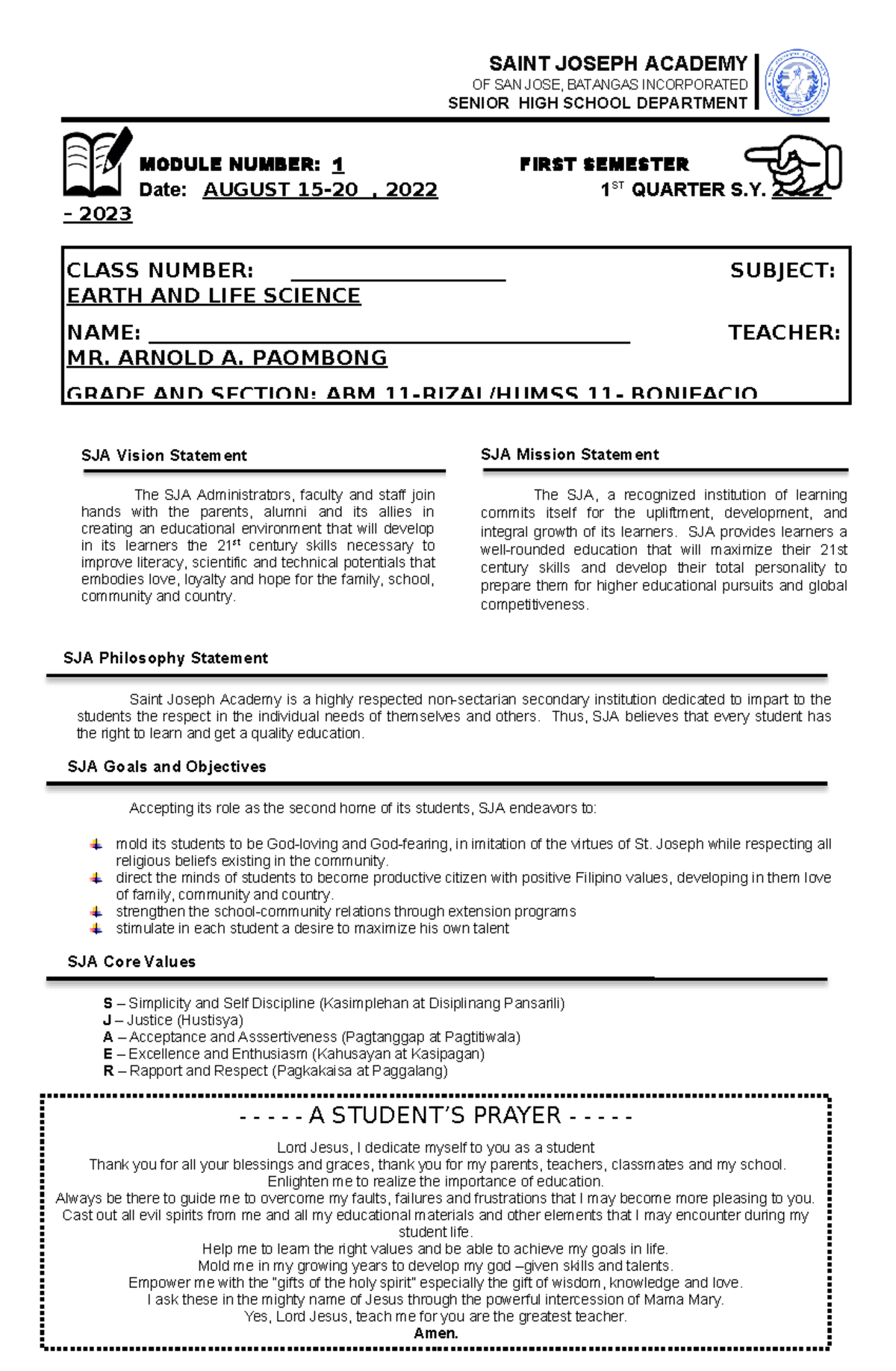 ELS Module 1 ABM Rizal Humss Bonifacio MR Arnold Paombong 2 OF SAN