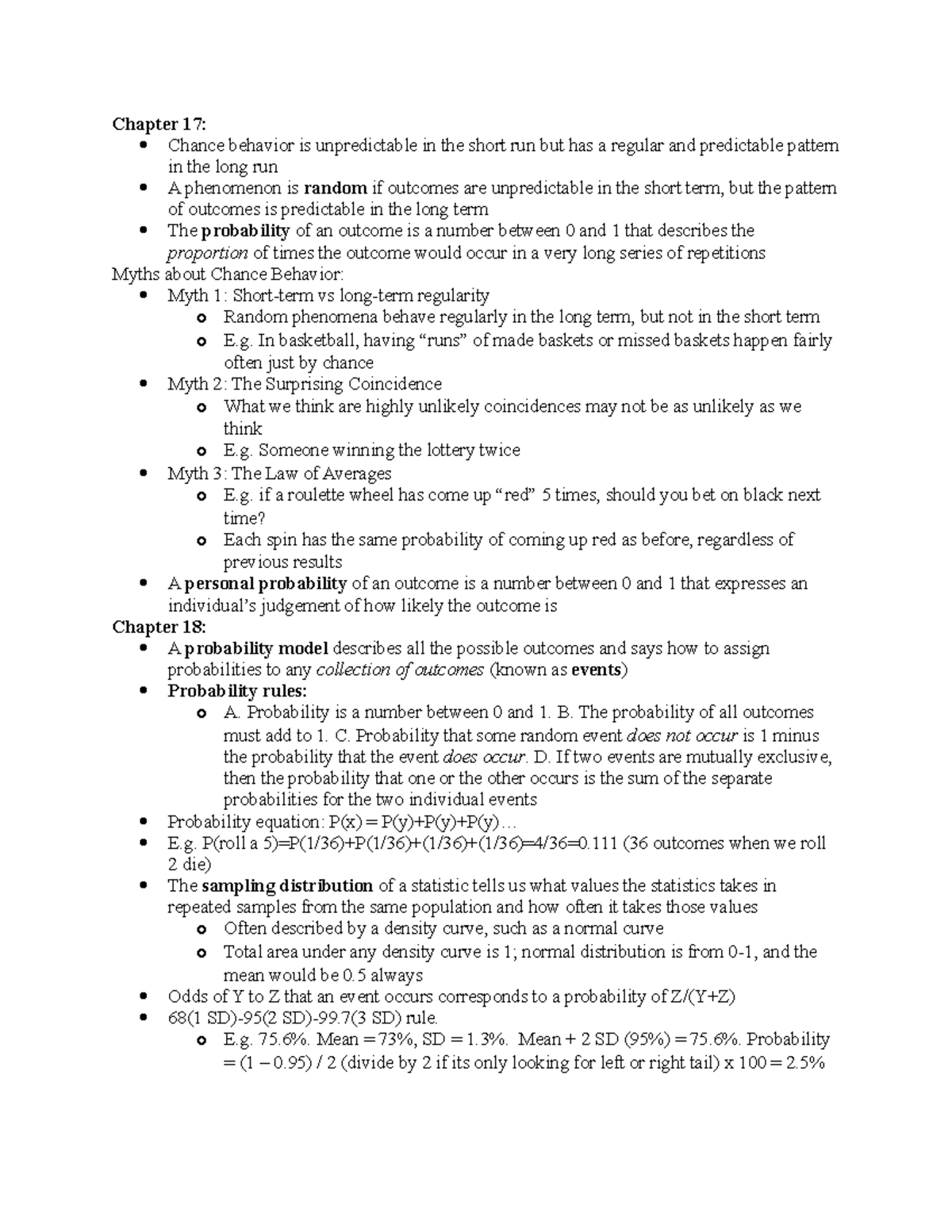 Stats cheat sheet 2 - Chapter 17: Chance behavior is unpredictable in ...