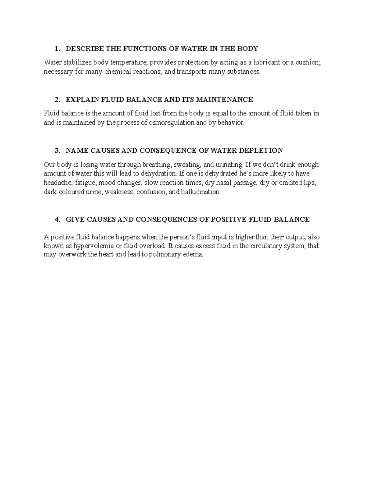 Fluids IN THE BODY lecture note 1. DESCRIBE THE FUNCTIONS OF WATER