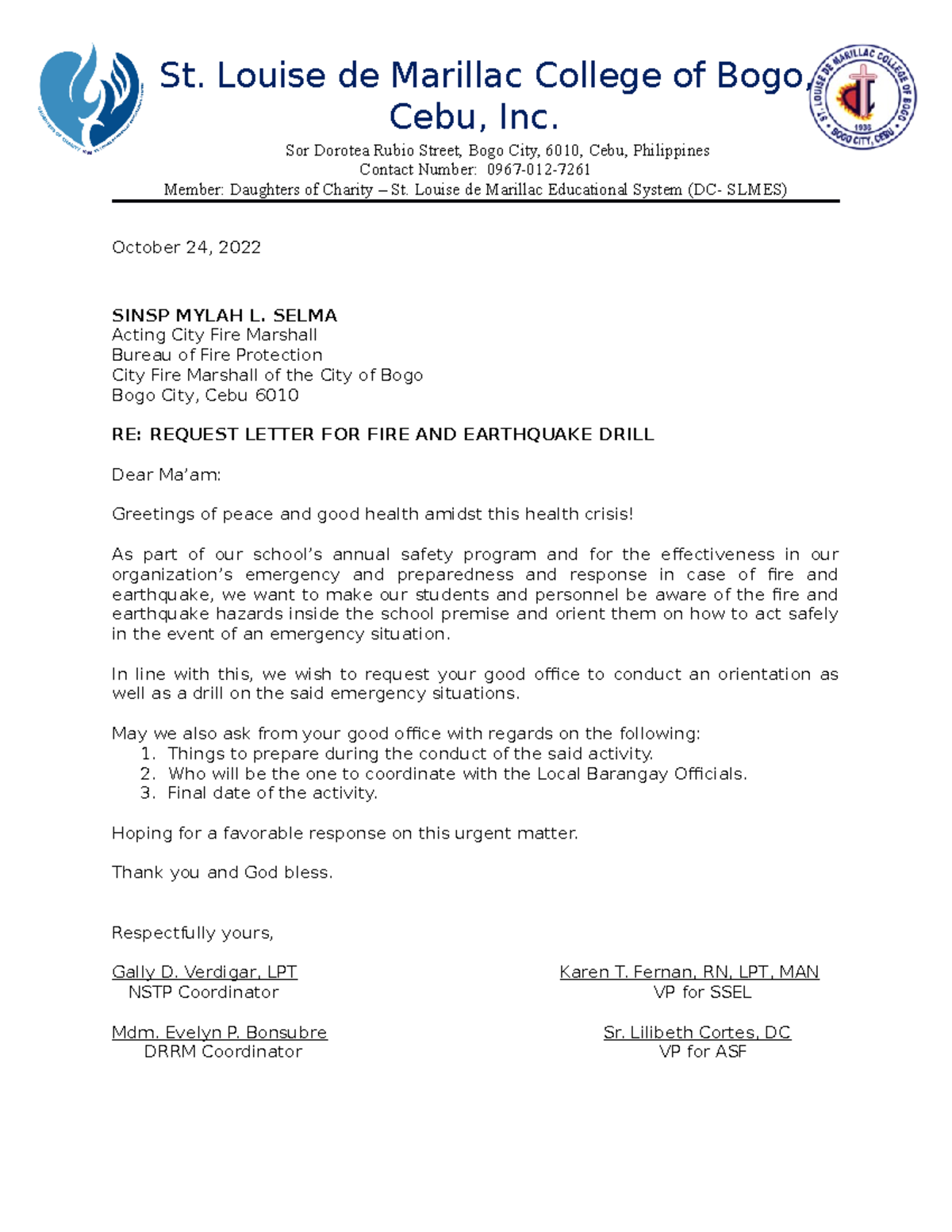 Request Letter FOR FIRE AND Earthquake Drill St Louise De Marillac   Thumb 1200 1553 