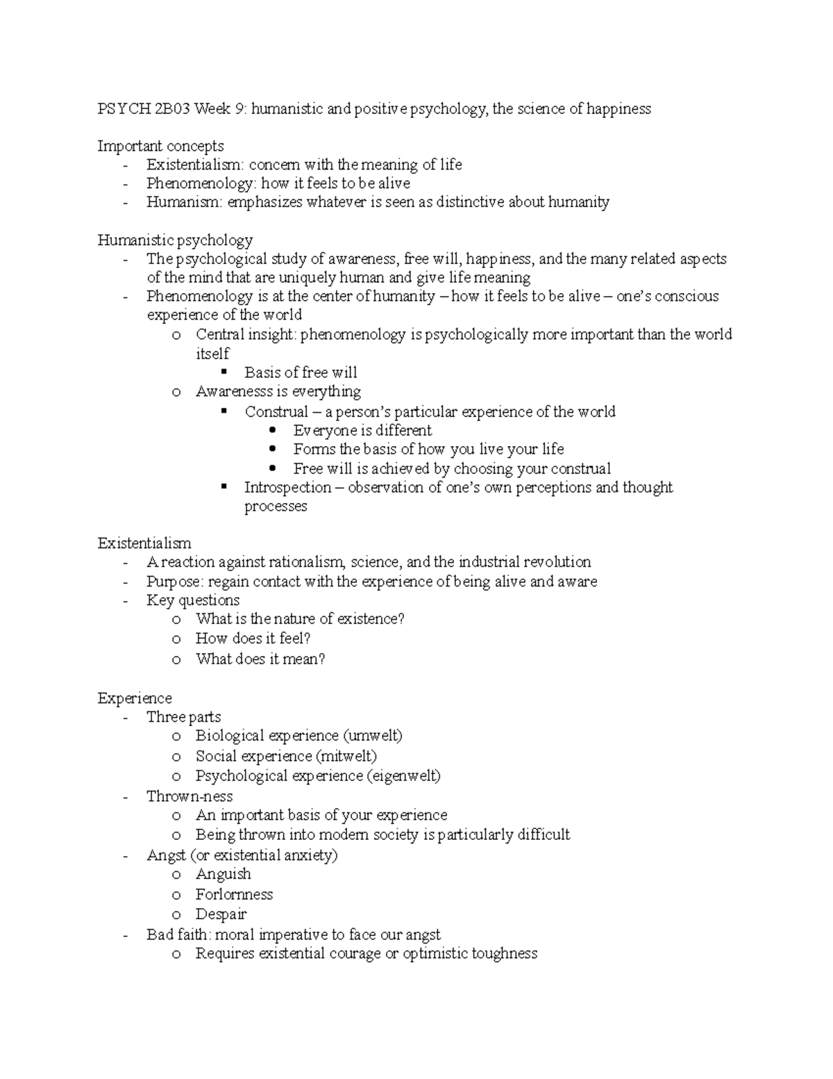 Psych 2b03 Week 9 - Humanistic And Positive Psychology, The Science Of 