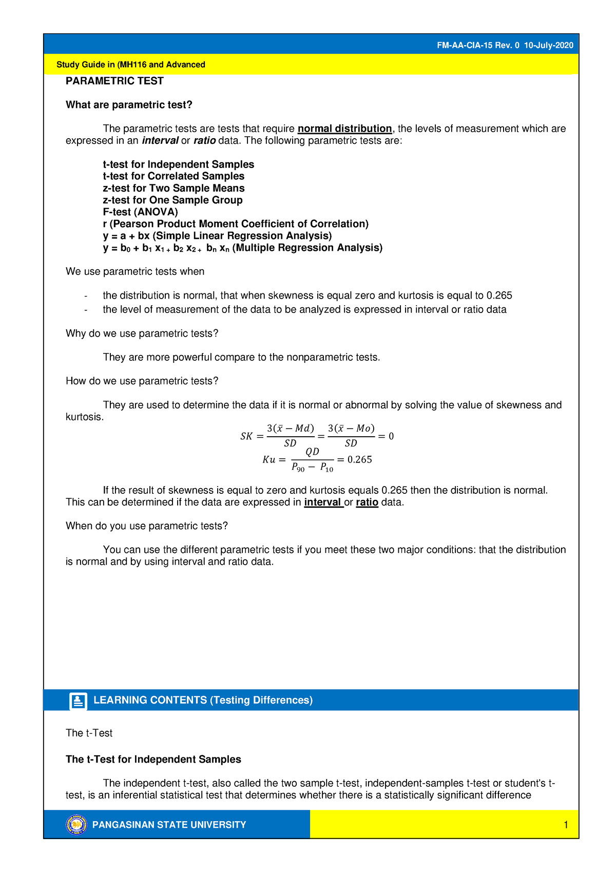 Parametric TEST - bjkgjdmvjkbklhibbn - PANGASINAN STATE UNIVERSITY ...