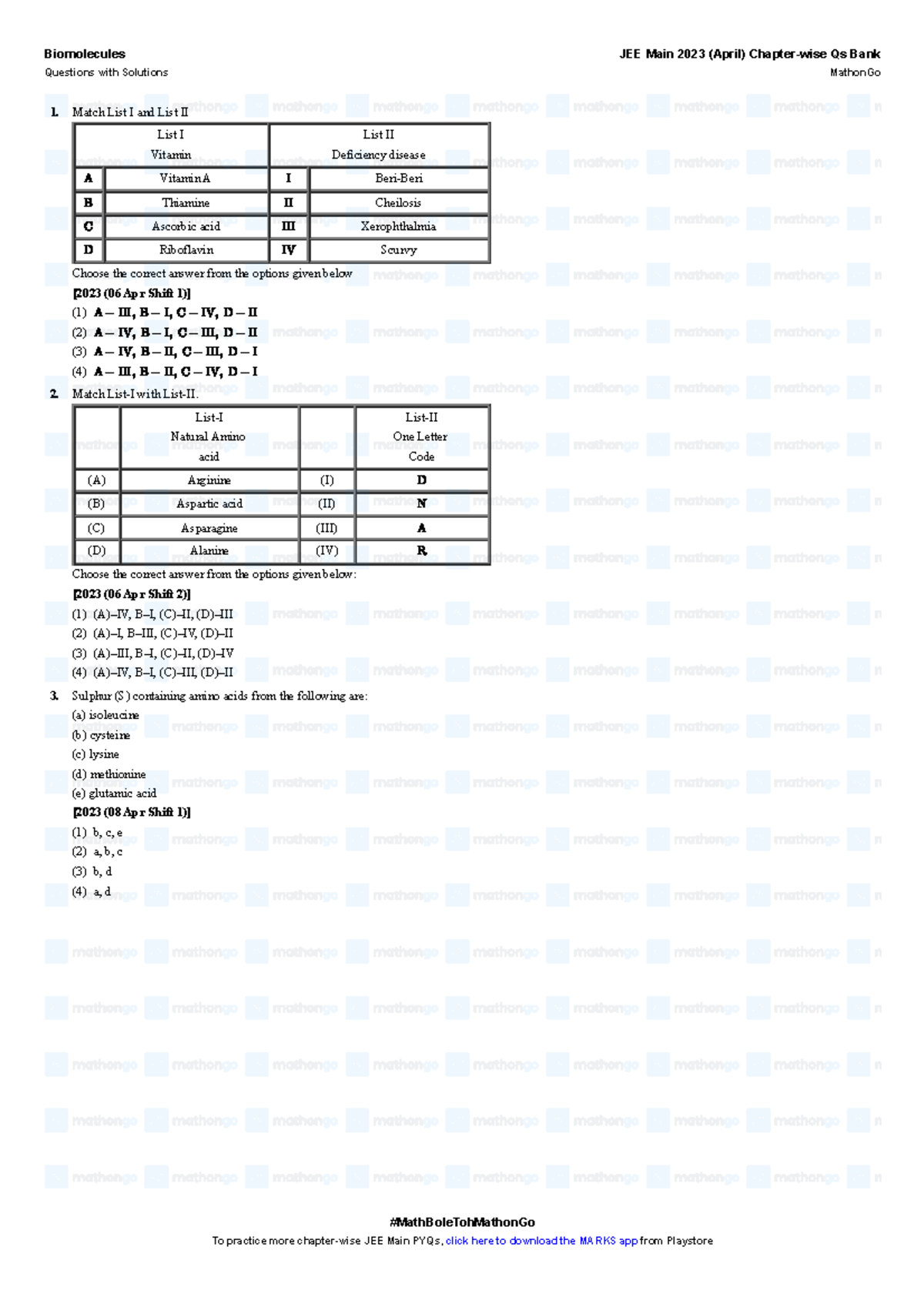 Biomolecules JEE Main 2023 April Chapterwise PYQ Mathon Go Match