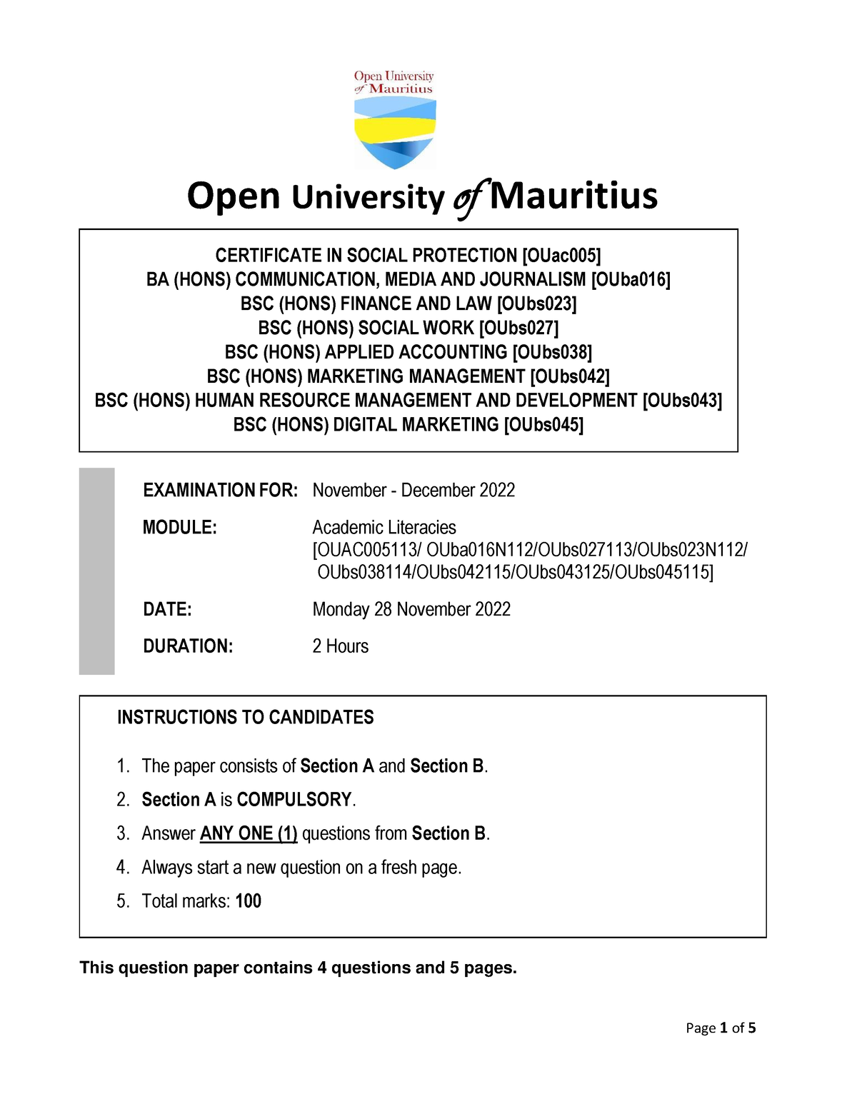 Academic Literacies - Monday 28 NOV 2022 - Open University of Mauritius ...