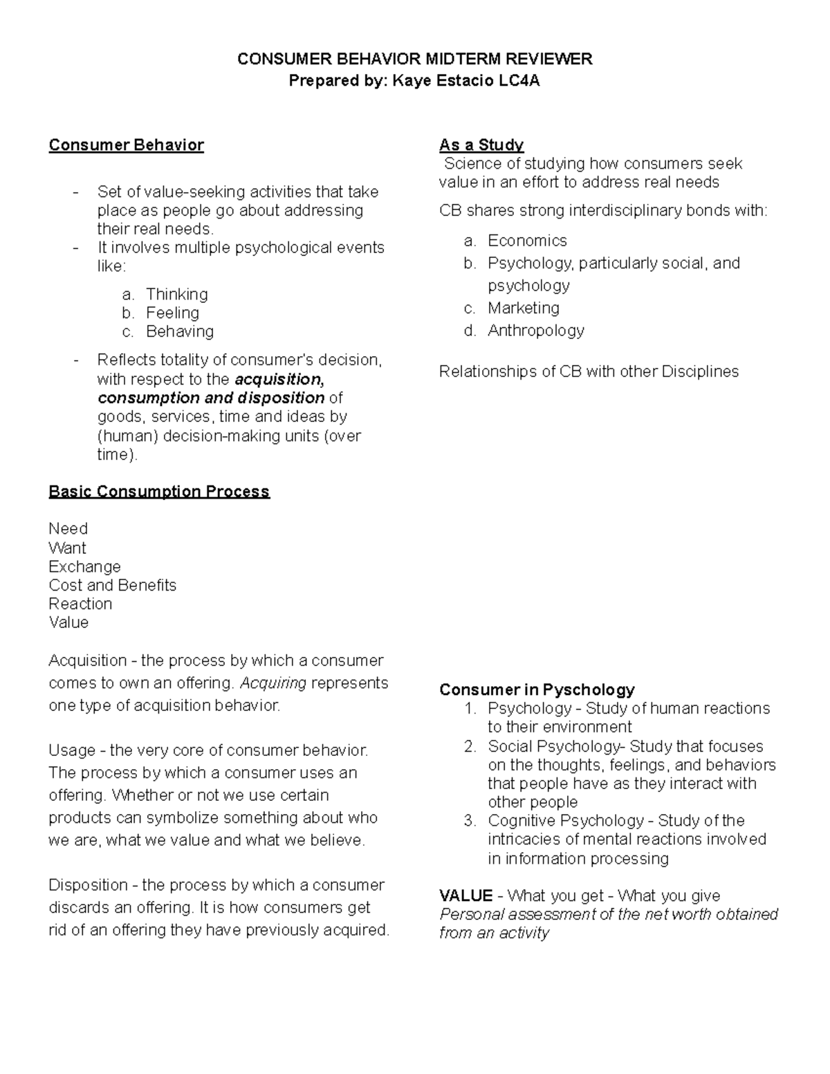 Consumer Behavior Midterm Reviewer - Prepared by: Kaye Estacio LC4A ...