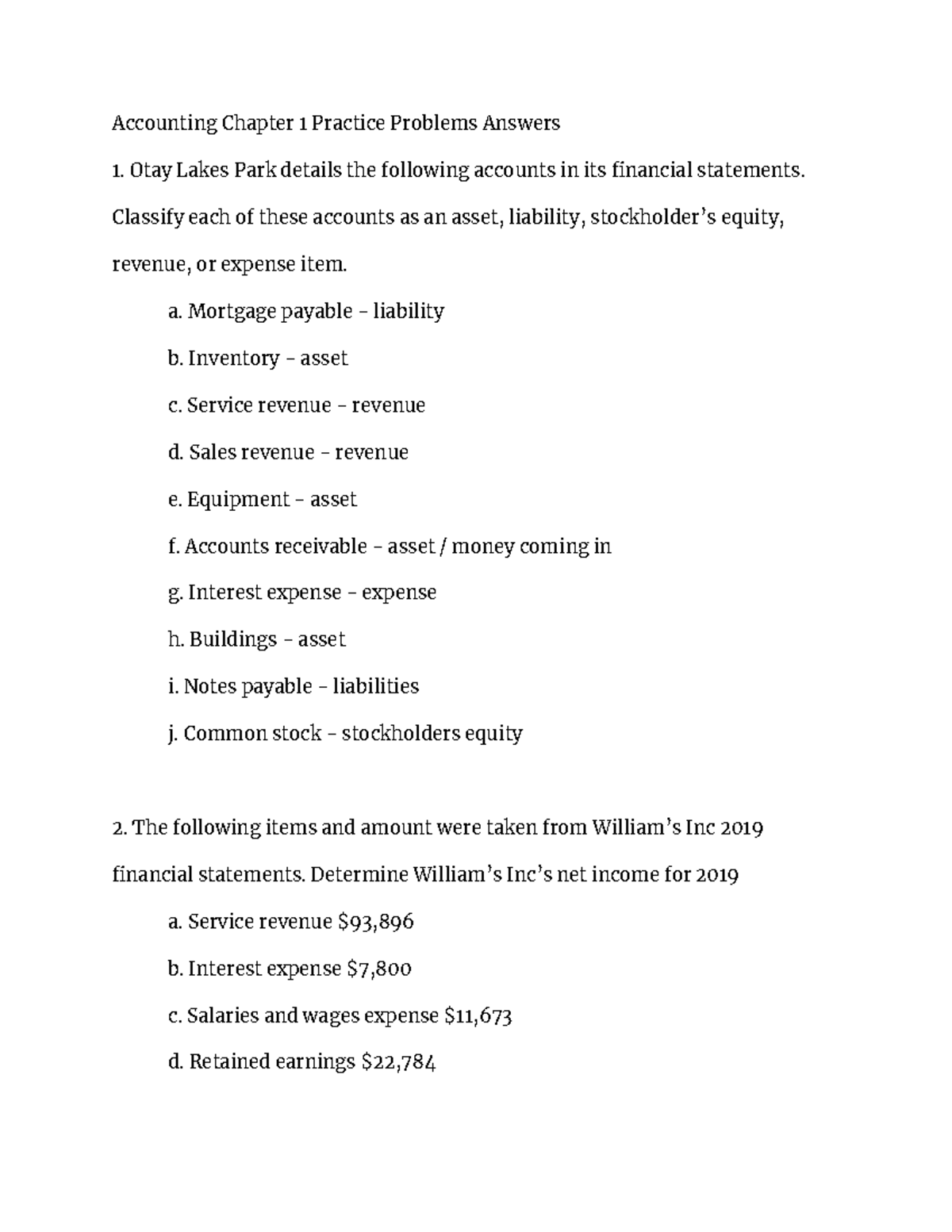 Accounting Chapter 1 Practice Problem answers - Classify each of these ...