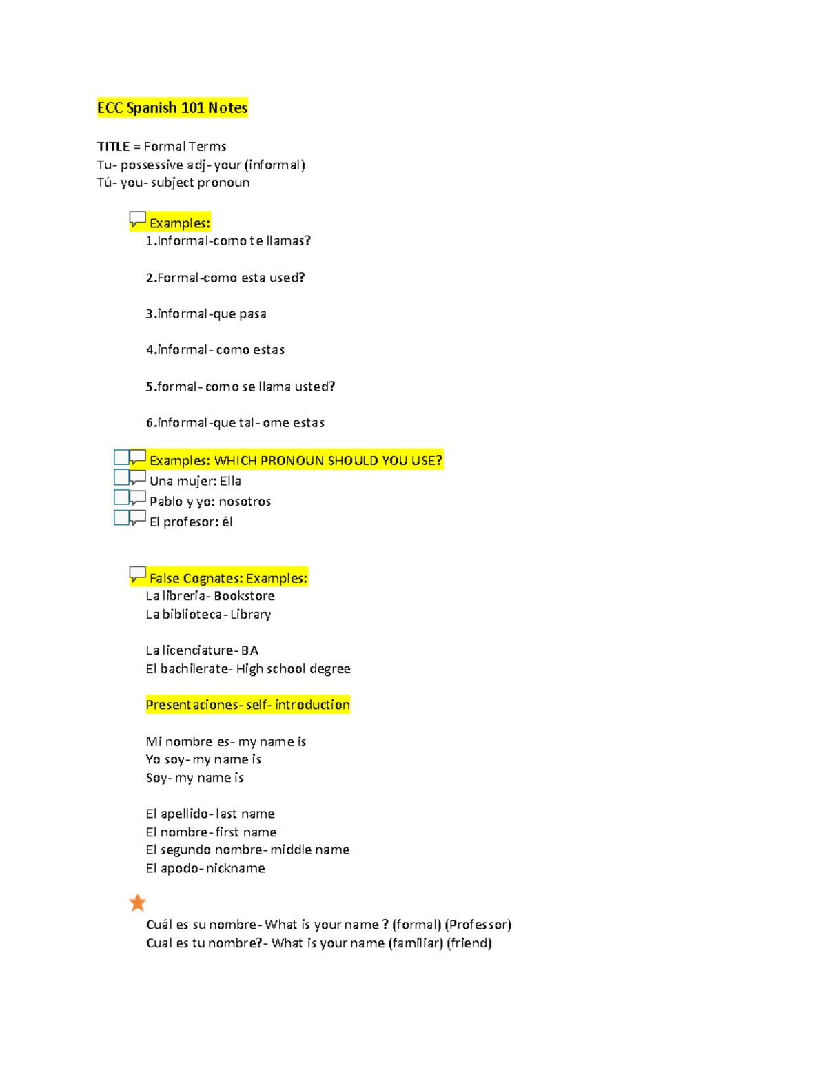 Spanish 101 Notes 1 - ECC Spanish 101 Notes TITLE = Formal Terms Tu ...