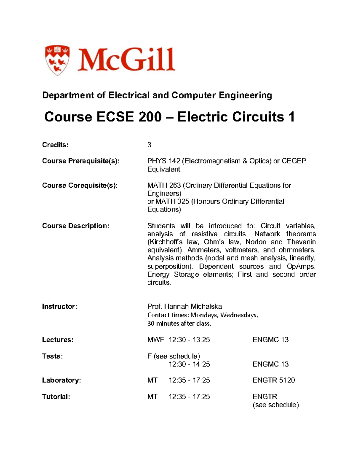 Course Outline ECSE-200 Electric Circuits 1 2020 Rev - Warning: TT ...