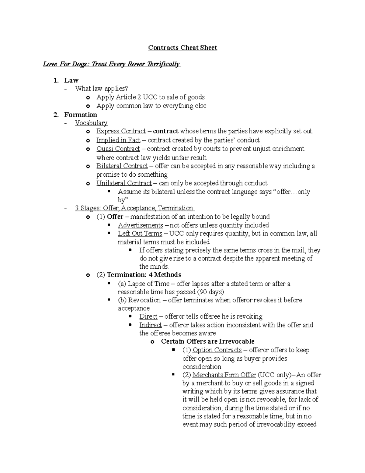 Contracts Outline Offer Contracts Cheat Sheet Love For Dogs Treat
