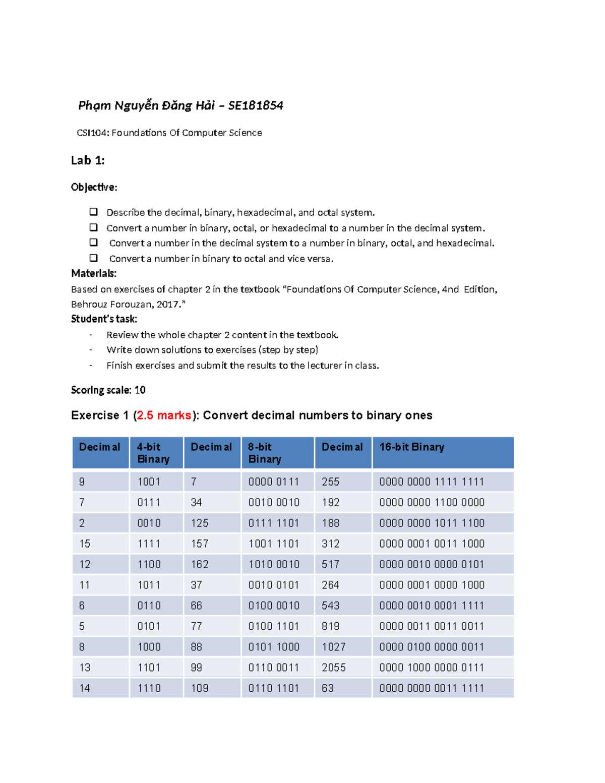 Lab 01 - Phạm Nguyễn Đăng Hải – SE CSI104: Foundations Of Computer ...