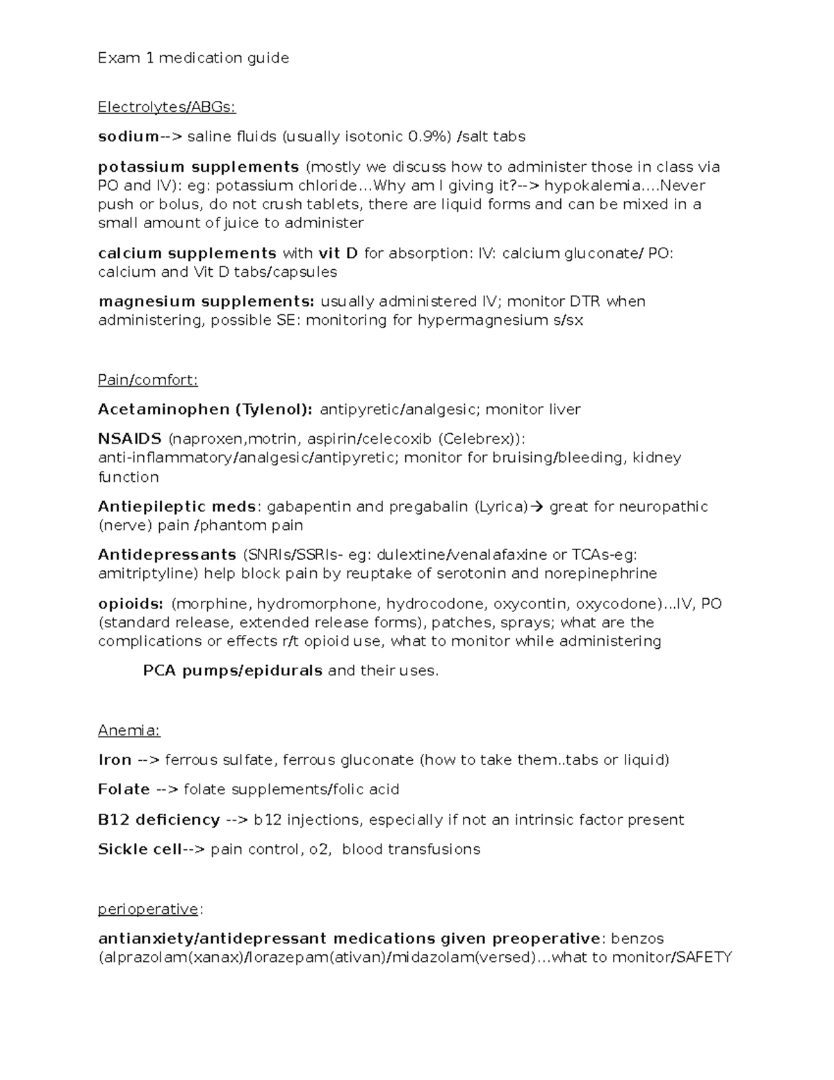 Exam 1 Notes Meds - Exam 1 medication guide Electrolytes/ABGs: sodium ...